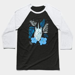 Unicorn and Blue Hibiscus Flower and Tropical Leaves Baseball T-Shirt